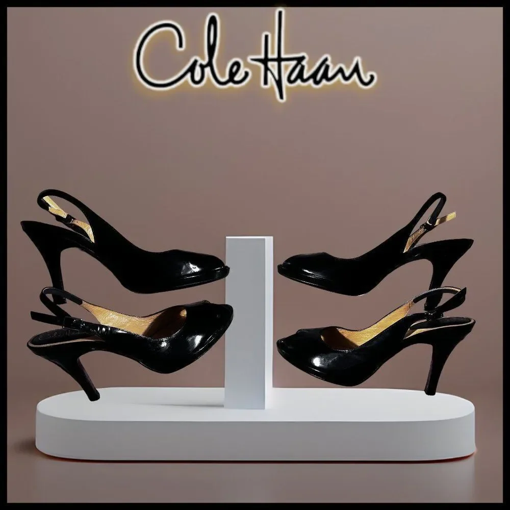 Cole Haan Air Women's Black Patent Leather Peep-Toe Slingback Heels Size 9 AA